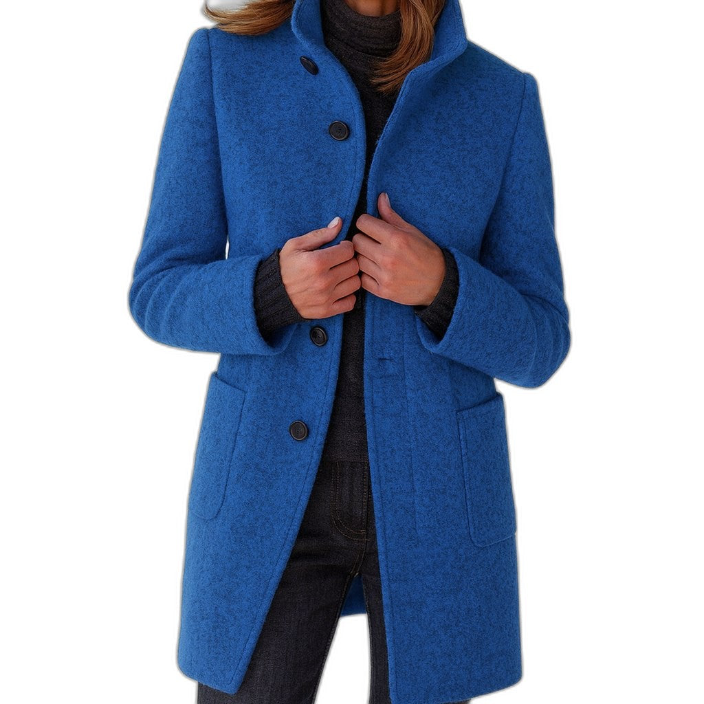 Elegant Blue Coat for Women with High Neck Long Sleeve Button Front Pockets Office Style