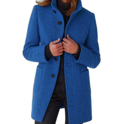 Elegant Blue Coat for Women with High Neck Long Sleeve Button Front Pockets Office Style