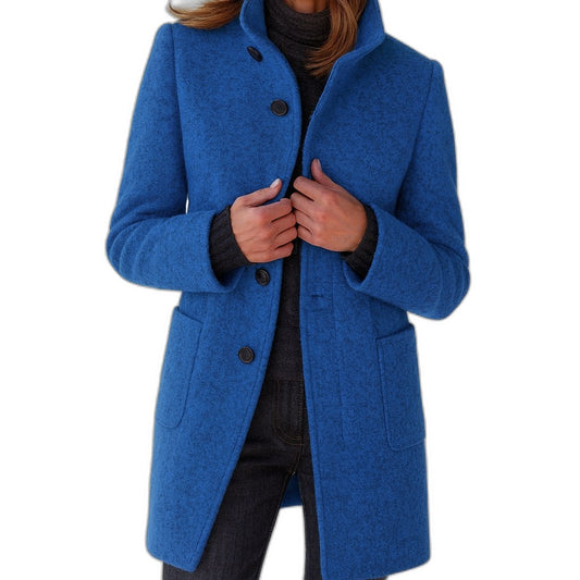 Elegant Blue Coat for Women with High Neck Long Sleeve Button Front Pockets Office Style
