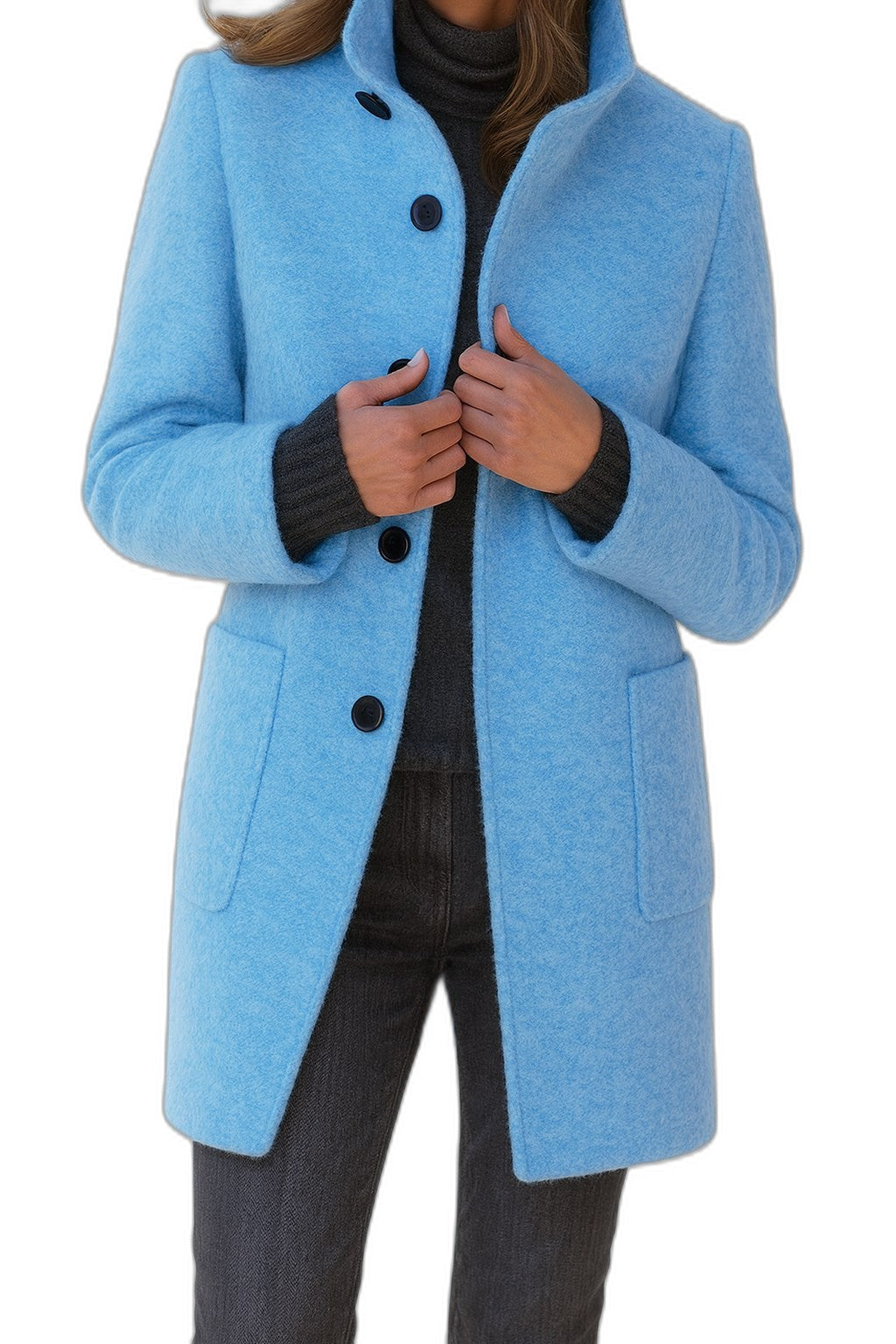 Elegant Blue Coat for Women with High Neck Long Sleeve Button Front Pockets Office Style