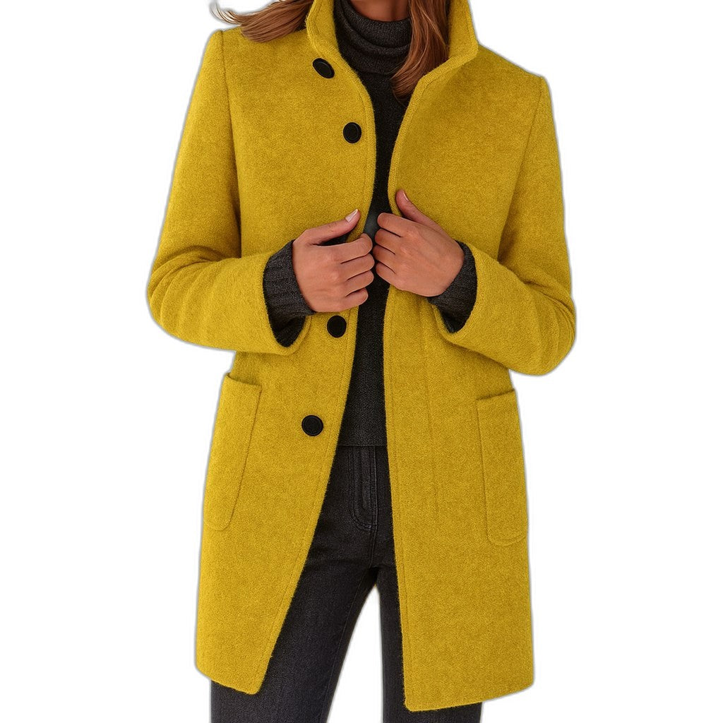 Elegant Blue Coat for Women with High Neck Long Sleeve Button Front Pockets Office Style