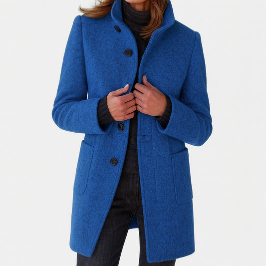 Elegant Blue Coat for Women with High Neck Long Sleeve Button Front Pockets Office Style