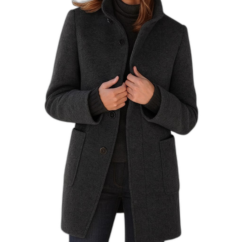 Elegant Blue Coat for Women with High Neck Long Sleeve Button Front Pockets Office Style
