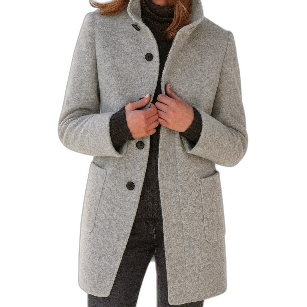 Elegant Blue Coat for Women with High Neck Long Sleeve Button Front Pockets Office Style