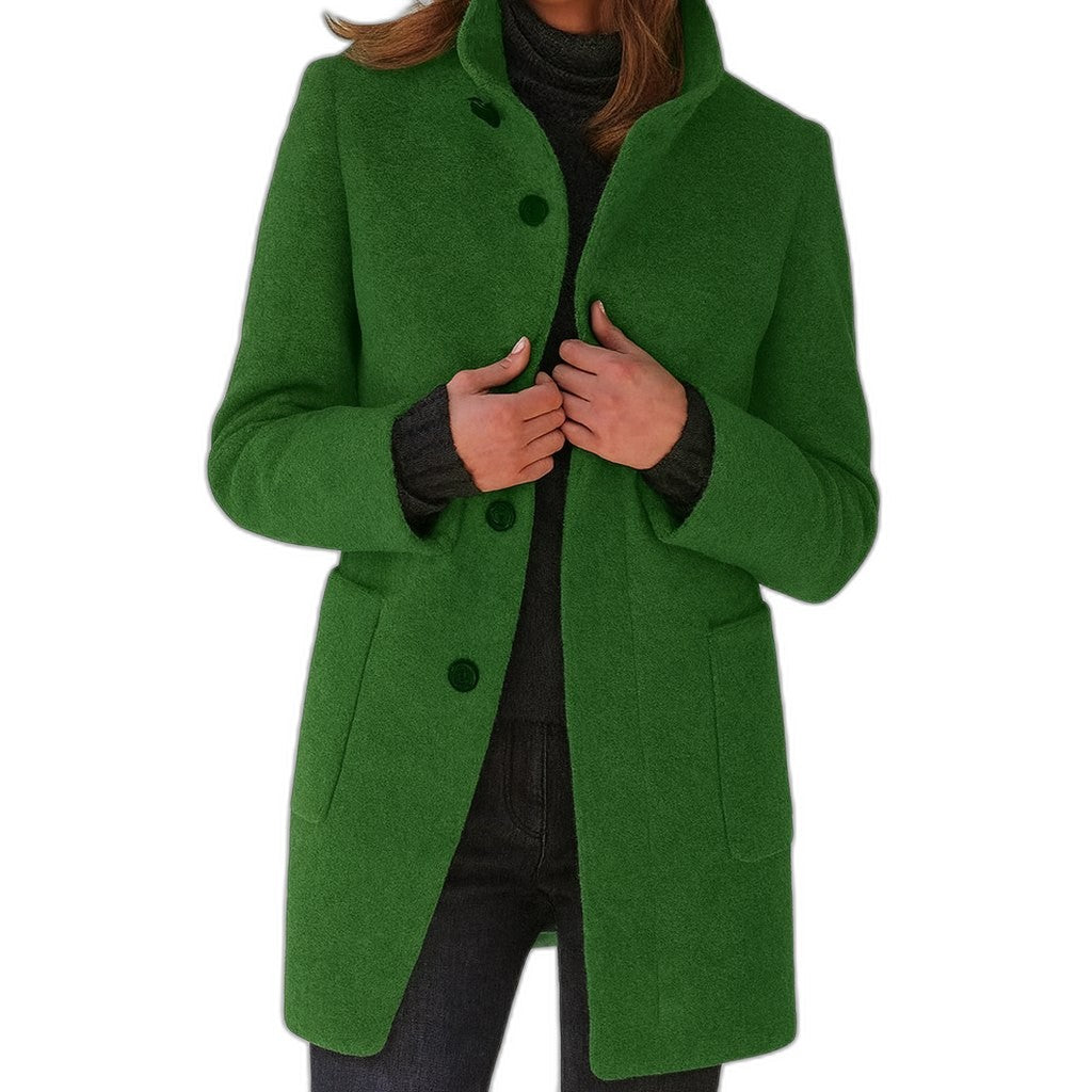 Elegant Blue Coat for Women with High Neck Long Sleeve Button Front Pockets Office Style