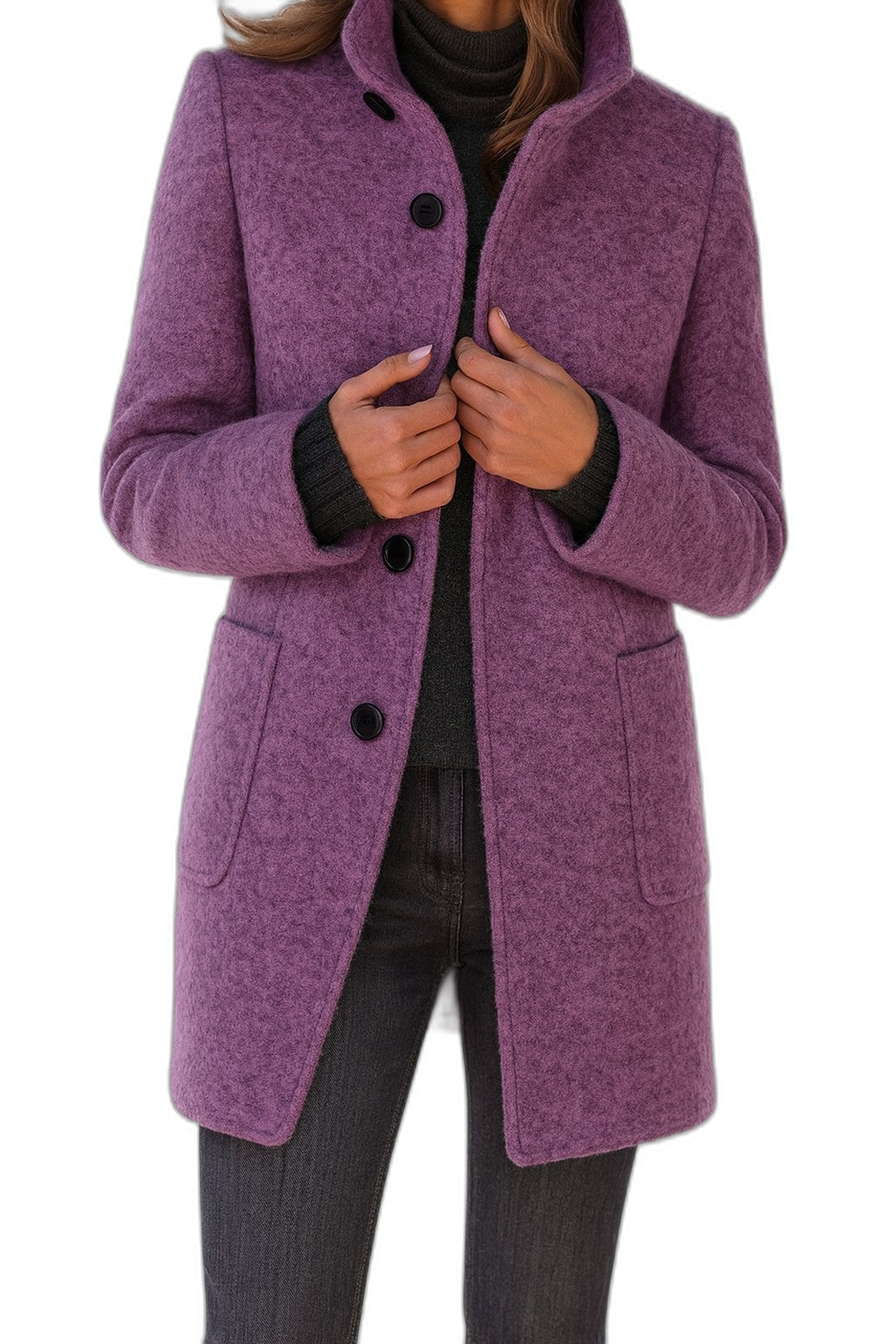 Elegant Blue Coat for Women with High Neck Long Sleeve Button Front Pockets Office Style