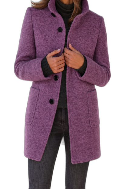 Elegant Blue Coat for Women with High Neck Long Sleeve Button Front Pockets Office Style