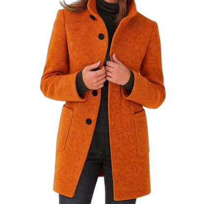 Elegant Blue Coat for Women with High Neck Long Sleeve Button Front Pockets Office Style