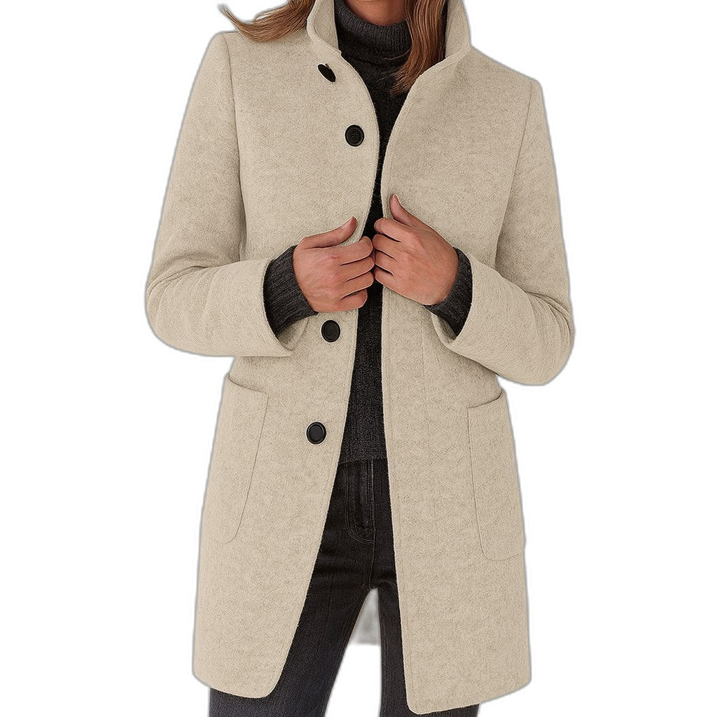 Elegant Blue Coat for Women with High Neck Long Sleeve Button Front Pockets Office Style