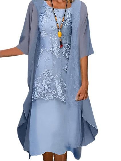 Elegant Blue Lace Midi Dress for Women with Crew Neck Elbow Sleeve Flowing Formal Wedding Guest Style