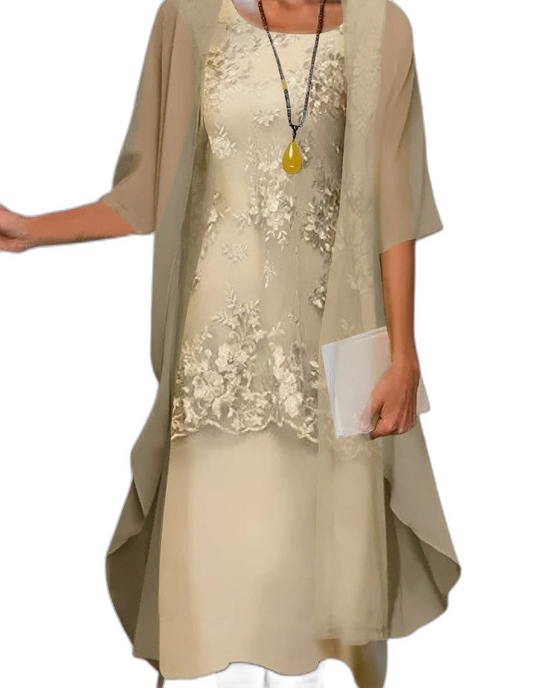 Elegant Blue Lace Midi Dress for Women with Crew Neck Elbow Sleeve Flowing Formal Wedding Guest Style