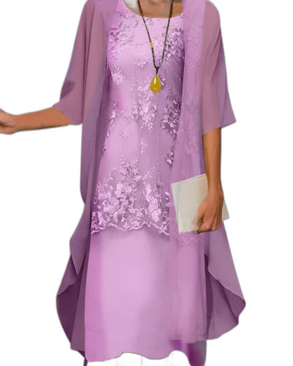 Elegant Blue Lace Midi Dress for Women with Crew Neck Elbow Sleeve Flowing Formal Wedding Guest Style