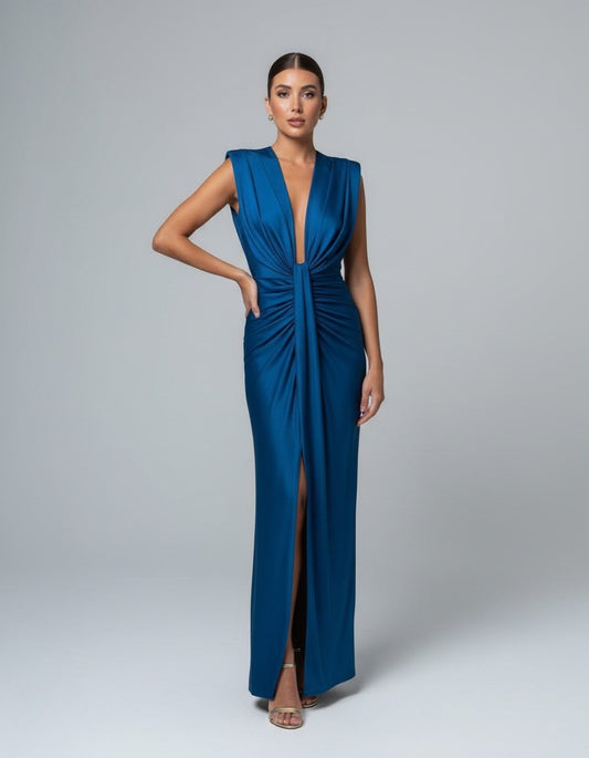 Elegant Blue Maxi Dress for Women with Deep V Neck Sleeveless Ruched Front Slit Formal Style