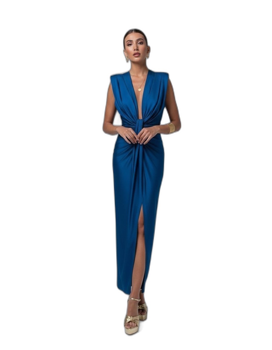 Elegant Blue Maxi Dress for Women with Deep V Neck Sleeveless Ruched Front Slit Formal Style
