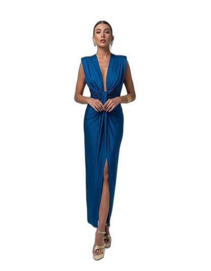 Elegant Blue Maxi Dress for Women with Deep V Neck Sleeveless Ruched Front Slit Formal Style