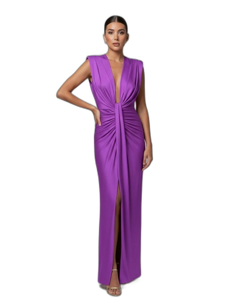 Elegant Blue Maxi Dress for Women with Deep V Neck Sleeveless Ruched Front Slit Formal Style