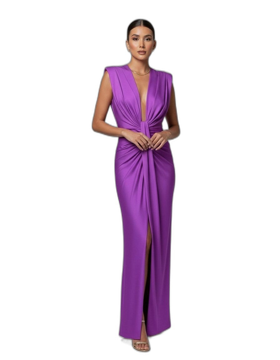 Elegant Blue Maxi Dress for Women with Deep V Neck Sleeveless Ruched Front Slit Formal Style