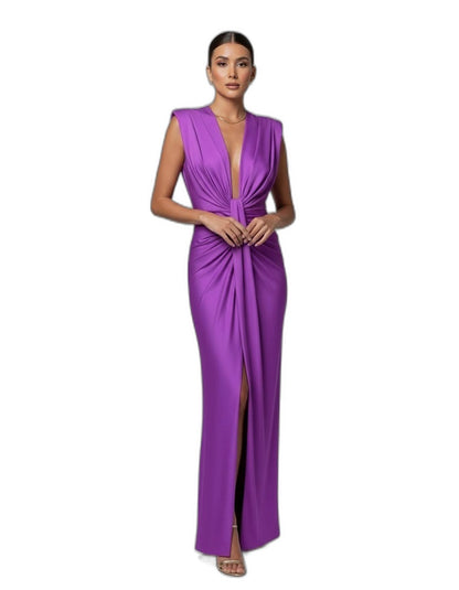 Elegant Blue Maxi Dress for Women with Deep V Neck Sleeveless Ruched Front Slit Formal Style