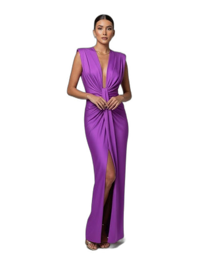 Elegant Blue Maxi Dress for Women with Deep V Neck Sleeveless Ruched Front Slit Formal Style