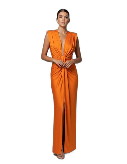 Elegant Blue Maxi Dress for Women with Deep V Neck Sleeveless Ruched Front Slit Formal Style