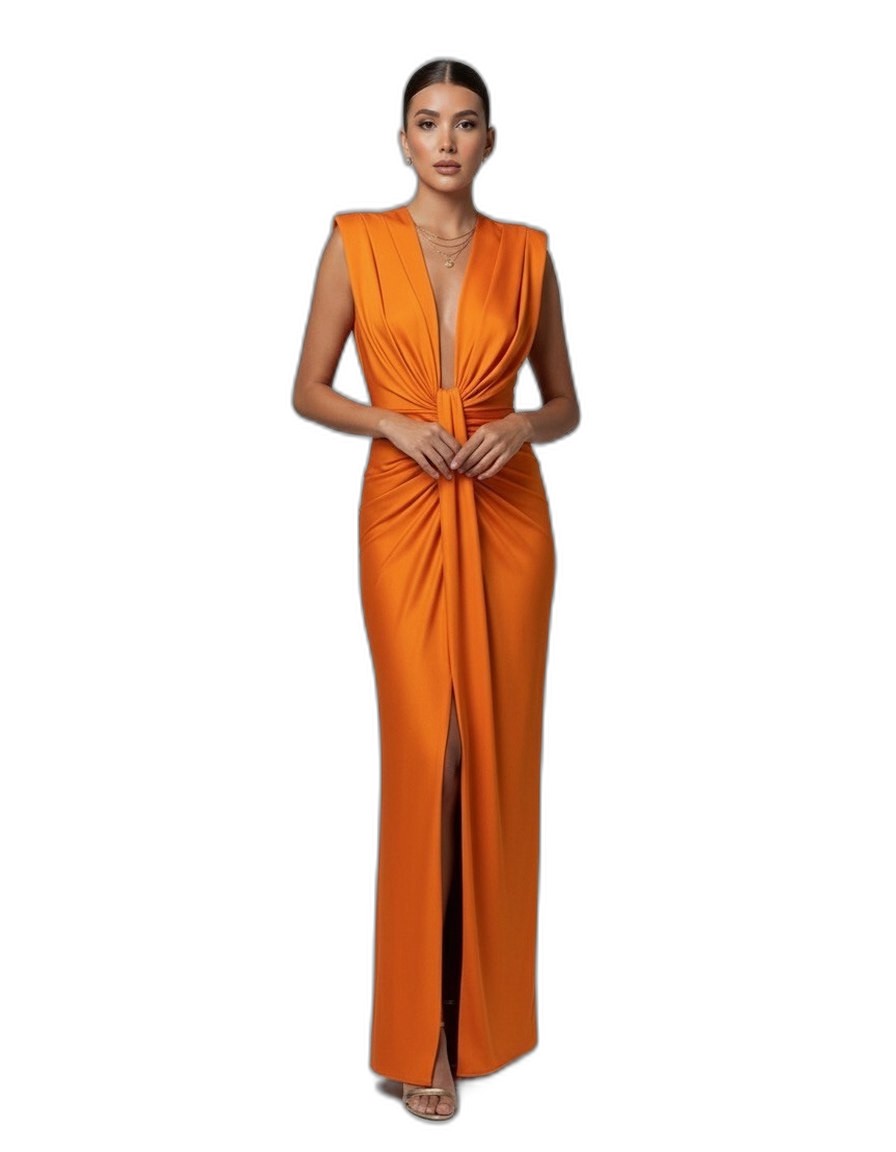 Elegant Blue Maxi Dress for Women with Deep V Neck Sleeveless Ruched Front Slit Formal Style