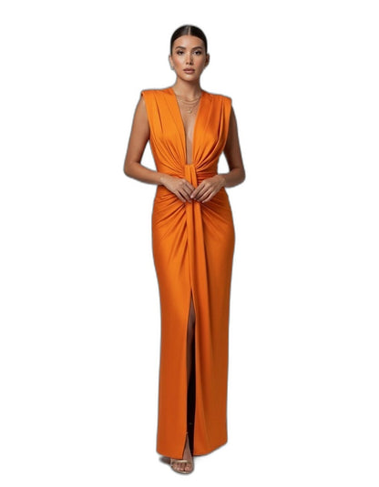 Elegant Blue Maxi Dress for Women with Deep V Neck Sleeveless Ruched Front Slit Formal Style