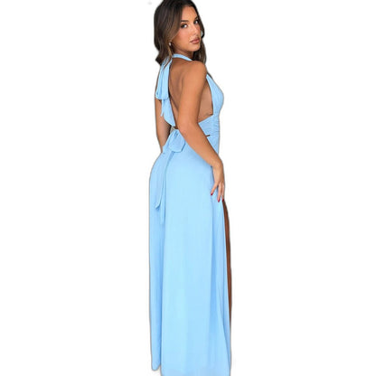 Elegant Blue Maxi Dress for Women with Plunge Neck Sleeveless Flowing Party Style