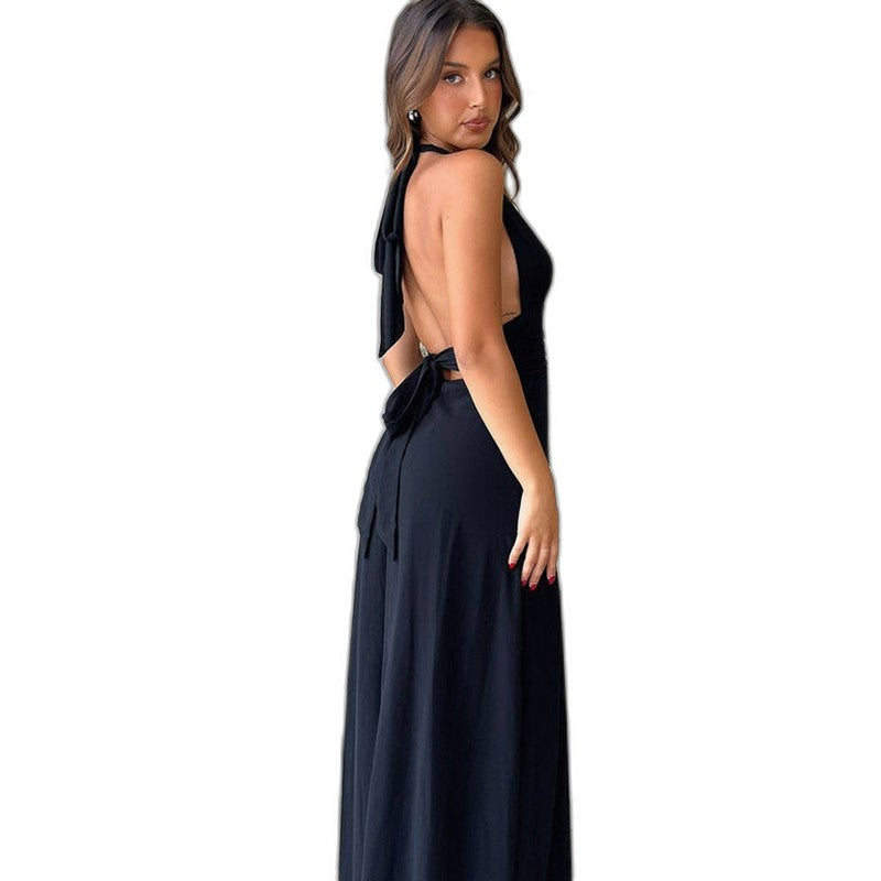 Elegant Blue Maxi Dress for Women with Plunge Neck Sleeveless Flowing Party Style
