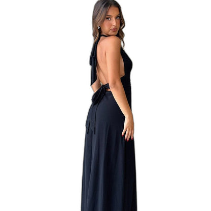 Elegant Blue Maxi Dress for Women with Plunge Neck Sleeveless Flowing Party Style