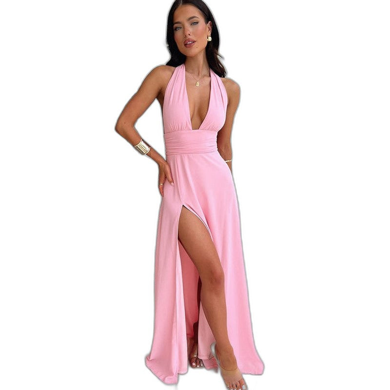 Elegant Blue Maxi Dress for Women with Plunge Neck Sleeveless Flowing Party Style