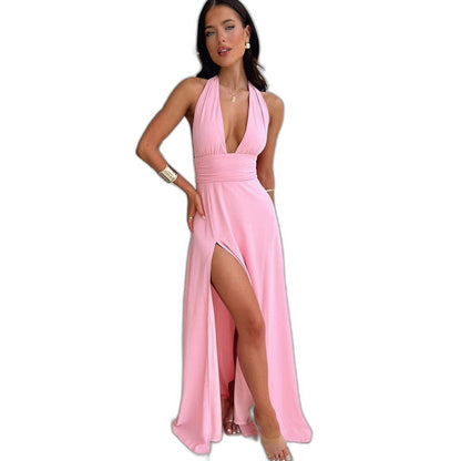 Elegant Blue Maxi Dress for Women with Plunge Neck Sleeveless Flowing Party Style