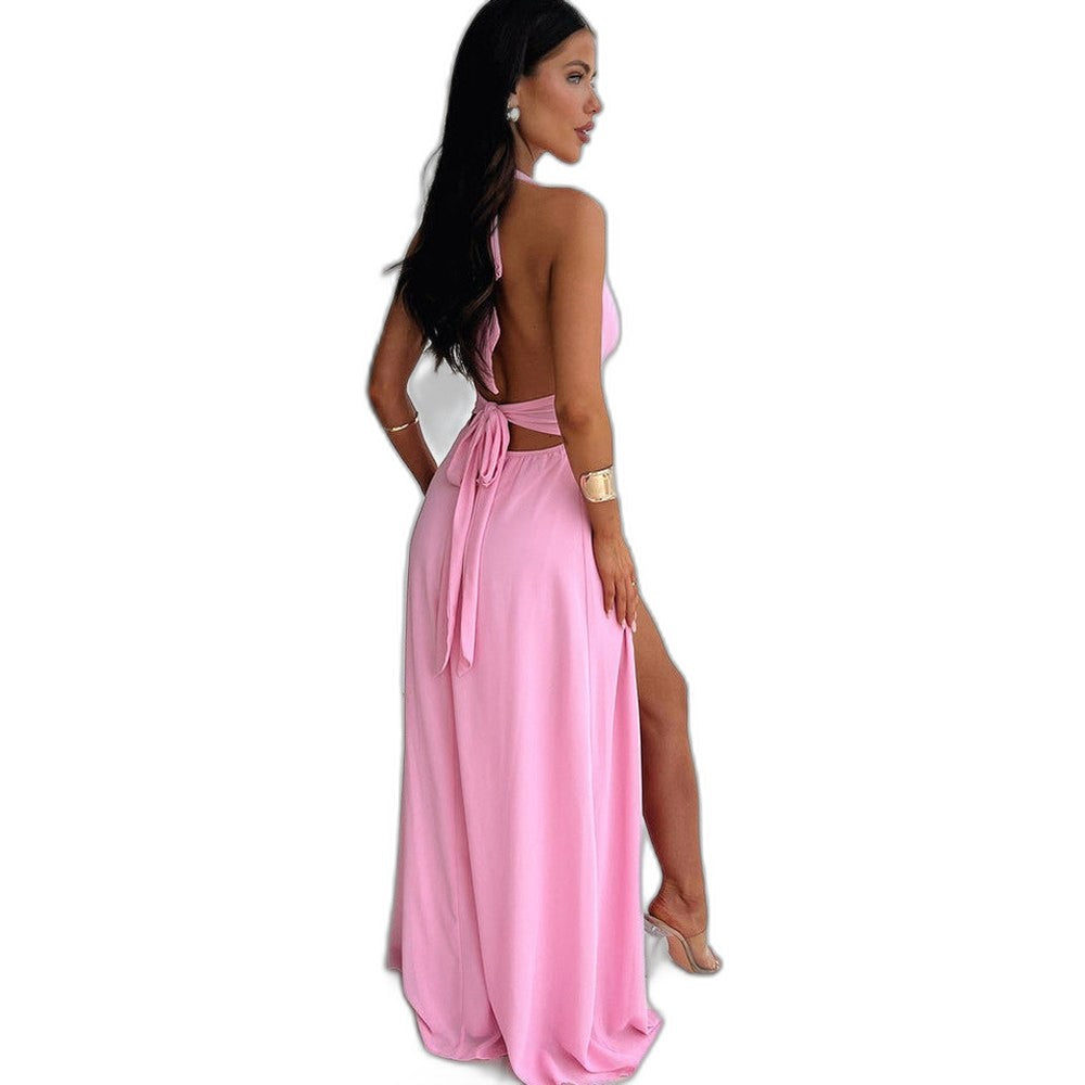 Elegant Blue Maxi Dress for Women with Plunge Neck Sleeveless Flowing Party Style