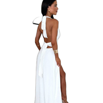 Elegant Blue Maxi Dress for Women with Plunge Neck Sleeveless Flowing Party Style
