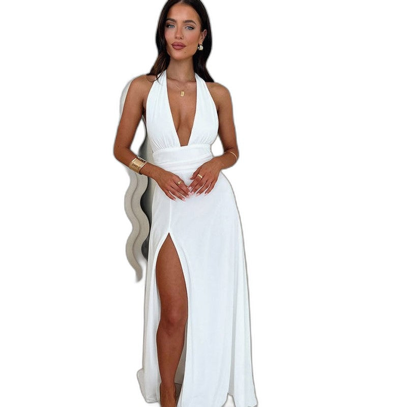 Elegant Blue Maxi Dress for Women with Plunge Neck Sleeveless Flowing Party Style