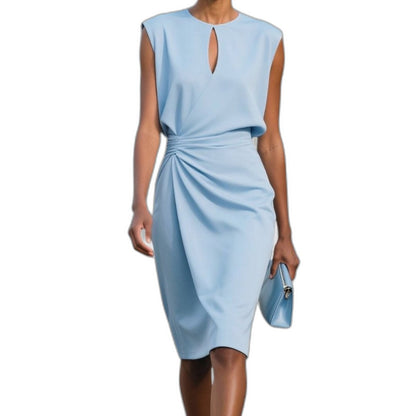 Elegant Blue Midi Dress for Women with High Neck Sleeveless Bodycon Ruched Cocktail Style