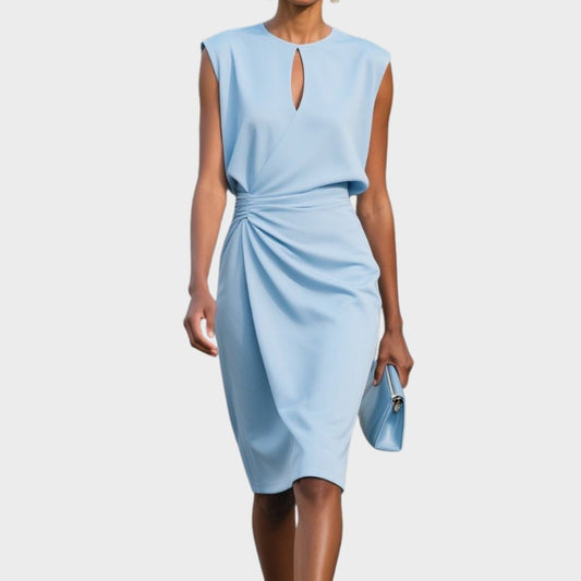 Elegant Blue Midi Dress for Women with High Neck Sleeveless Bodycon Ruched Cocktail Style