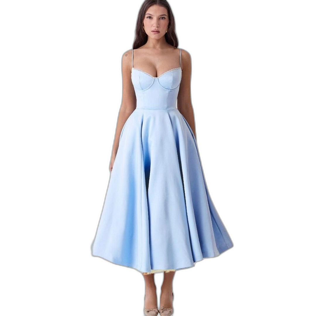 Elegant Blue Midi Dress for Women with Sweetheart Sleeveless Fit And Flare Cocktail Style