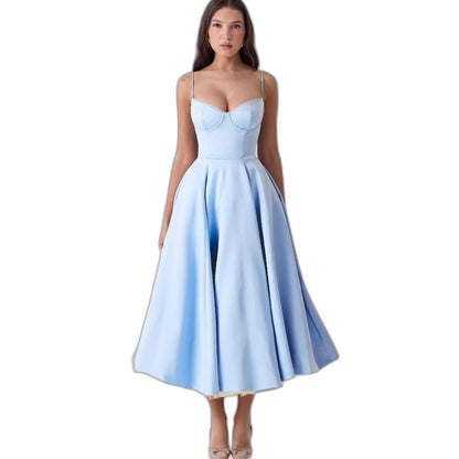Elegant Blue Midi Dress for Women with Sweetheart Sleeveless Fit And Flare Cocktail Style