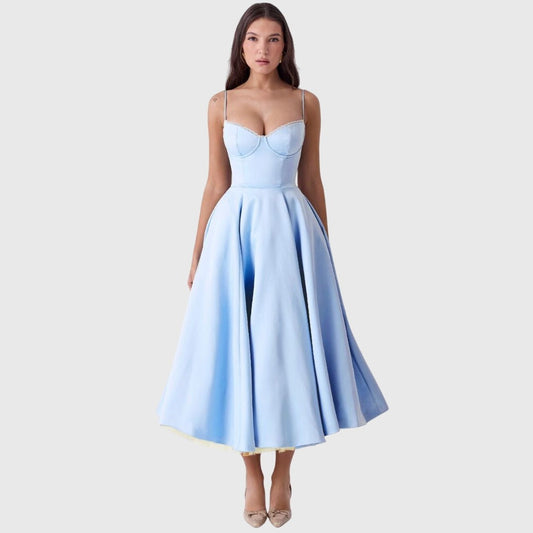 Elegant Blue Midi Dress for Women with Sweetheart Sleeveless Fit And Flare Cocktail Style