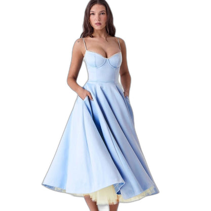 Elegant Blue Midi Dress for Women with Sweetheart Sleeveless Fit And Flare Cocktail Style