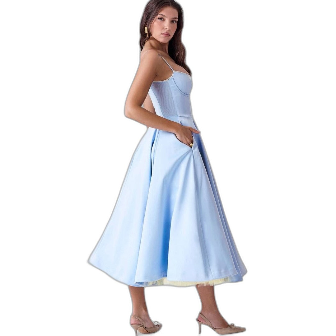 Elegant Blue Midi Dress for Women with Sweetheart Sleeveless Fit And Flare Cocktail Style