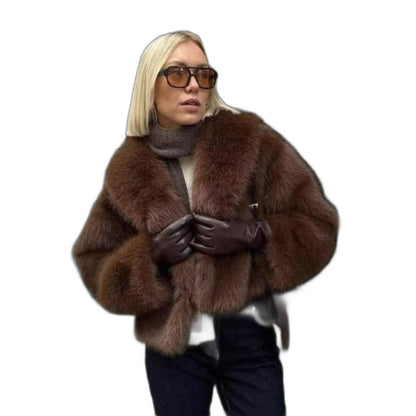 Elegant Brown Jacket for Women with Long Sleeve Cropped Fur Lined Party Style