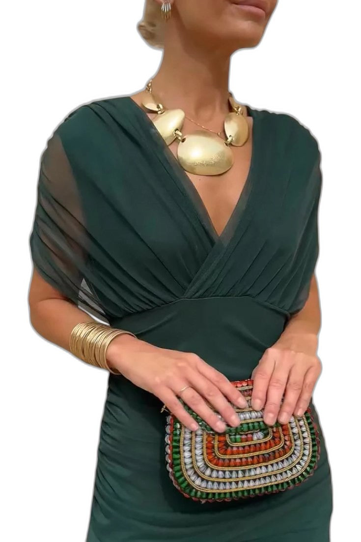 Elegant Brown Maxi Dress for Women with Off Shoulder Short Sleeve Wrap Ruched Cocktail Style