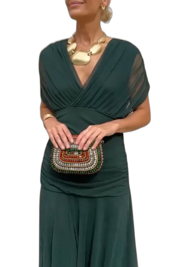 Elegant Brown Maxi Dress for Women with Off Shoulder Short Sleeve Wrap Ruched Cocktail Style