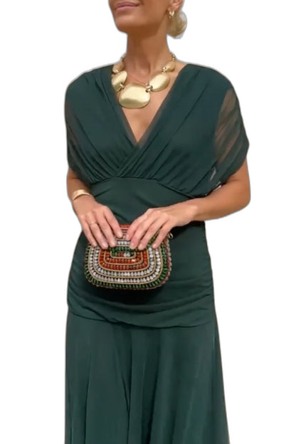 Elegant Brown Maxi Dress for Women with Off Shoulder Short Sleeve Wrap Ruched Cocktail Style