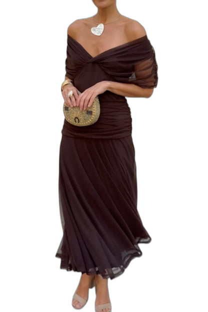 Elegant Brown Maxi Dress for Women with Off Shoulder Short Sleeve Wrap Ruched Cocktail Style
