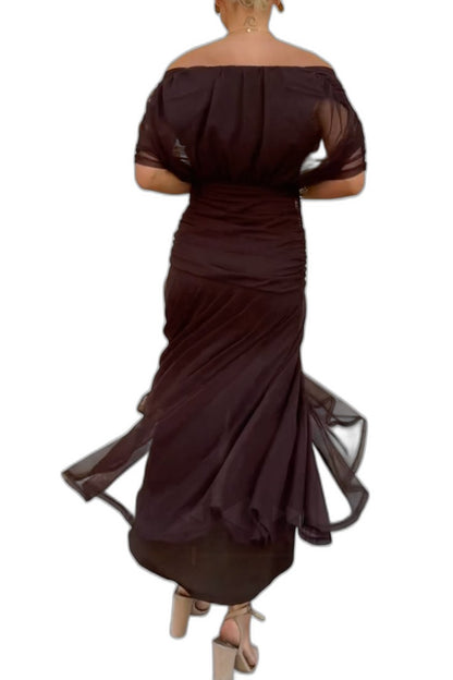 Elegant Brown Maxi Dress for Women with Off Shoulder Short Sleeve Wrap Ruched Cocktail Style