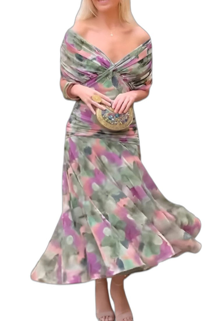Elegant Brown Maxi Dress for Women with Off Shoulder Short Sleeve Wrap Ruched Cocktail Style
