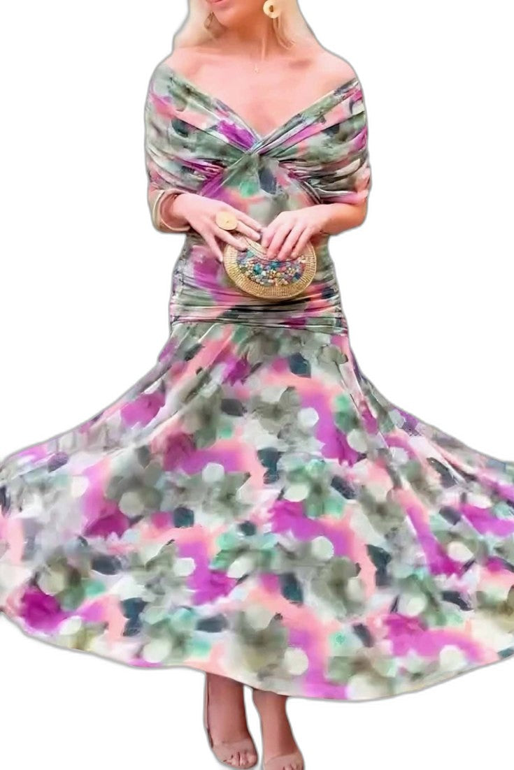 Elegant Brown Maxi Dress for Women with Off Shoulder Short Sleeve Wrap Ruched Cocktail Style