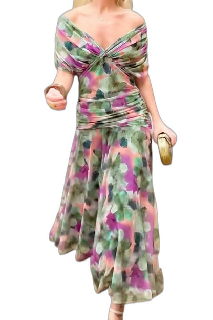 Elegant Brown Maxi Dress for Women with Off Shoulder Short Sleeve Wrap Ruched Cocktail Style